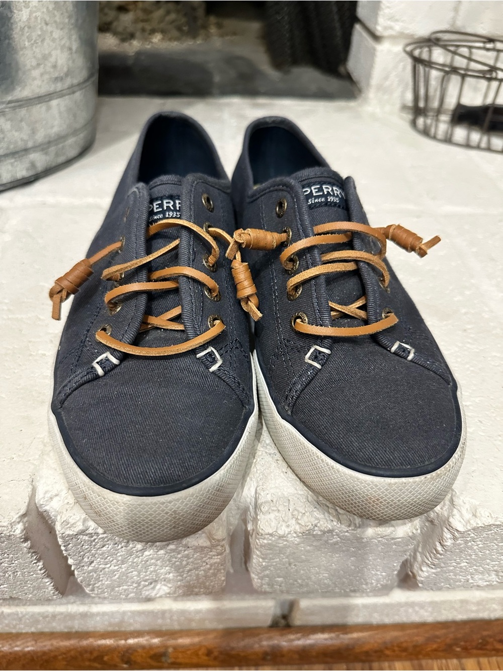 Sperry Navy Canvas Boat Sneakers with Tan Laces
